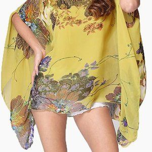 Floral Yellow Chiffon Cover-Up Batwing Shirt - One Size
